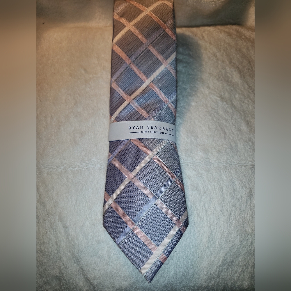 Ryan Seacrest Distinction Men's Pink and Gray Plaid Tie#0002